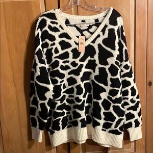 LOFT Black and White V-Neck Sweater with Animal Print